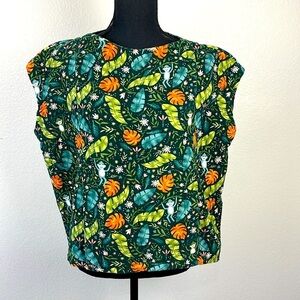 Onia Corduroy Top Sleeveless Floral Monkey Print Front Pocket Round Neck Vest  M
